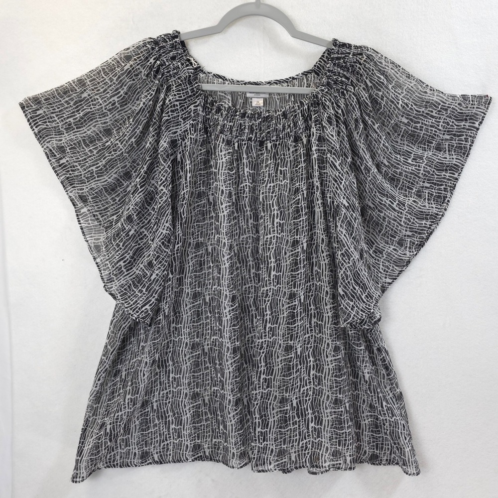 Worthington Blouse Smocked Flutter Sleeve Sheer Black White Women 2X Boho